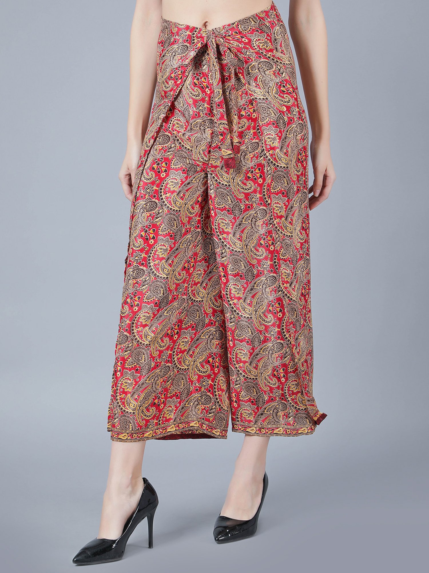Aditi Wasan Red Printed Relaxed Fit Mid Rise Trousers