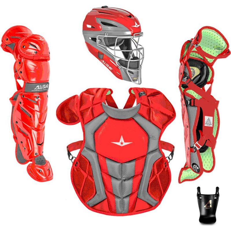 All-Star Sports S7 Axis Ages 12 to 16 Protective Baseball Catchers Gear Set with Mask Helmet, Chest Protector, and Leg Guards, Scarlet