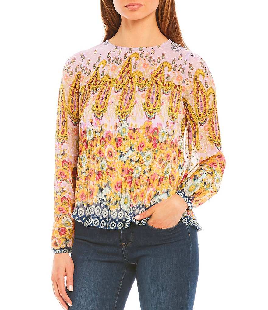 Figueroa & Flower Petite Size Gloria Floral Mixed Border Print Scoop Neck Long Sleeve Pleated Top