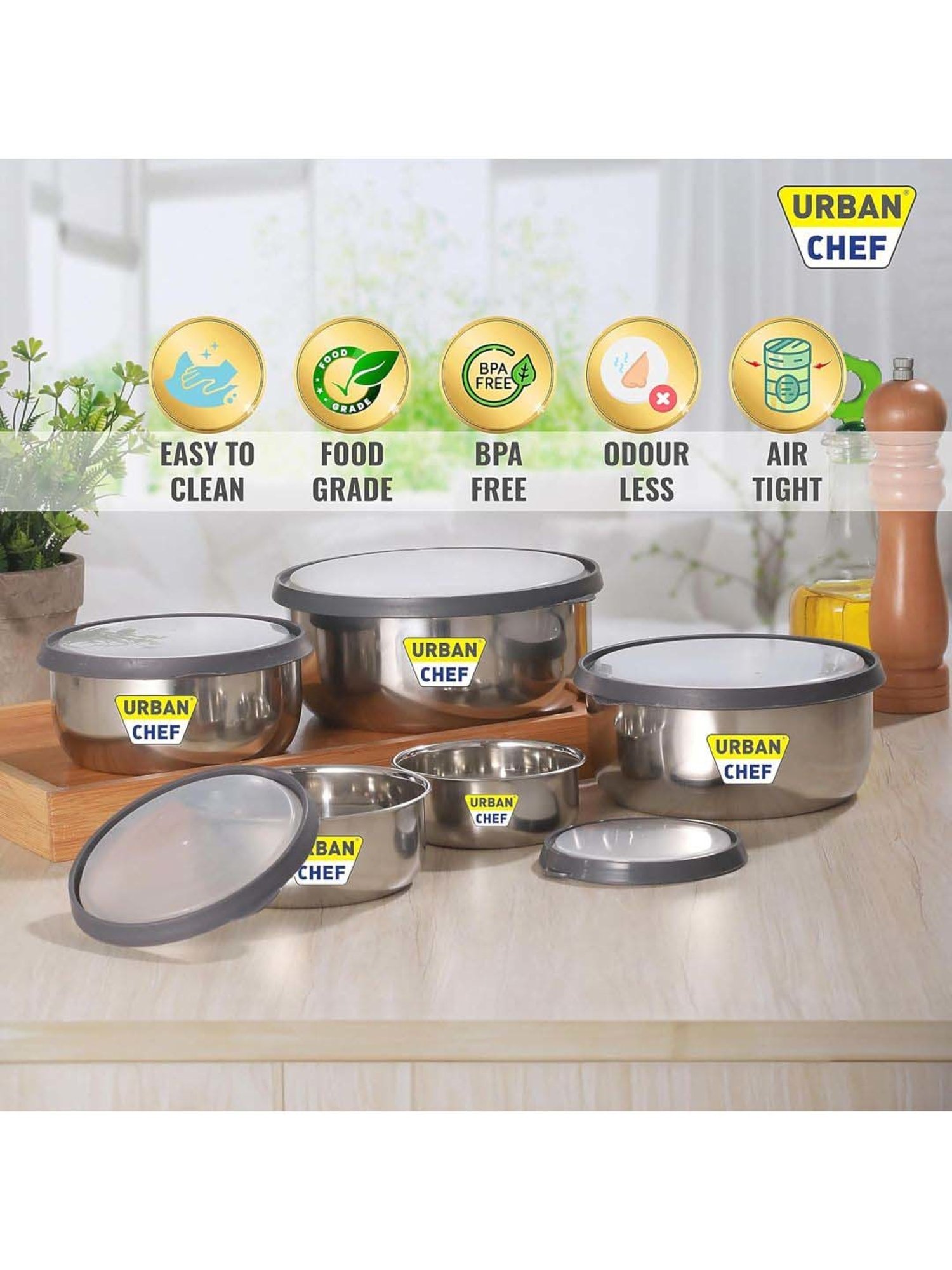 Urban Chef Transparent Stainless Steel Fresca Push & Lock Bowl Storage Set With Lid - Set of 5