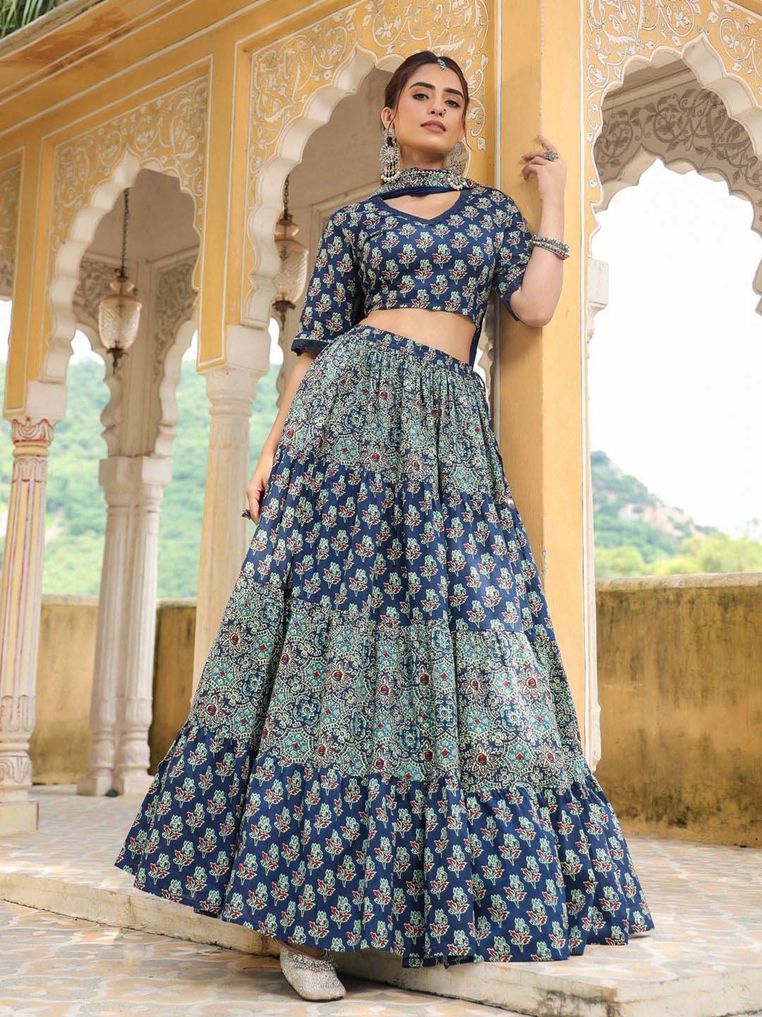 Janasya Blue Cotton Printed Lehenga Choli Set With Dupatta
