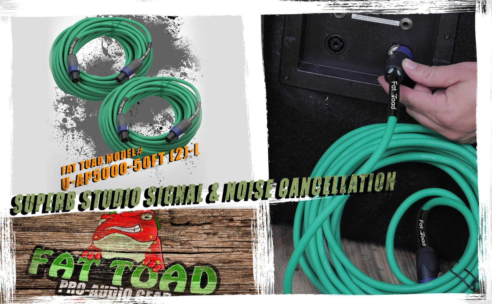 Speakon to Speakon Cables (2 Pack) by FAT TOAD | 50ft Professional Pro Audio Green Speaker PA Cord with Twist Lock Connector | 12 AWG Wire for Impeccable Studio Recording & DJ Stage Performance Gear