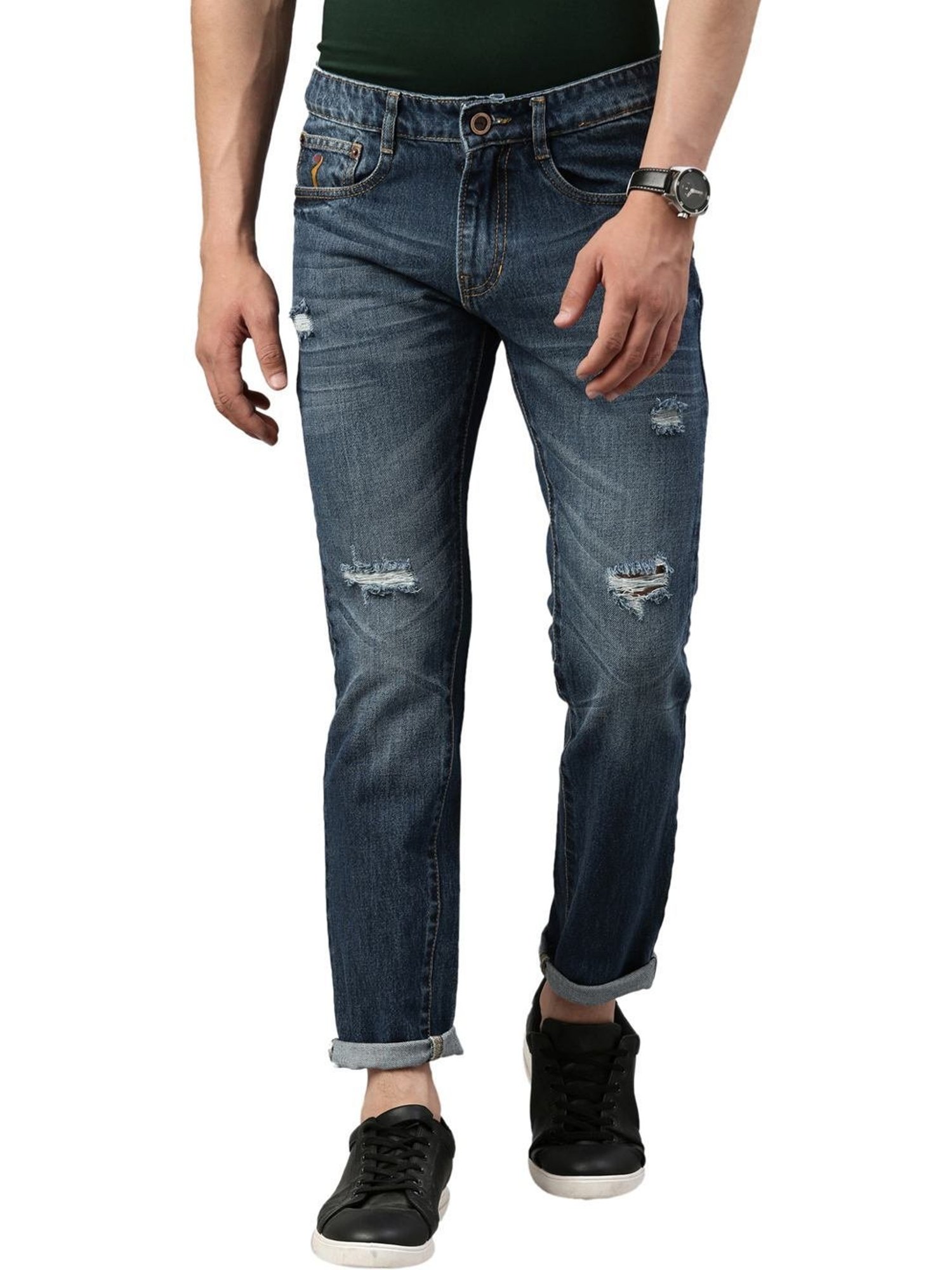 CINOCCI Blue Cotton Slim Fit Distressed Jeans