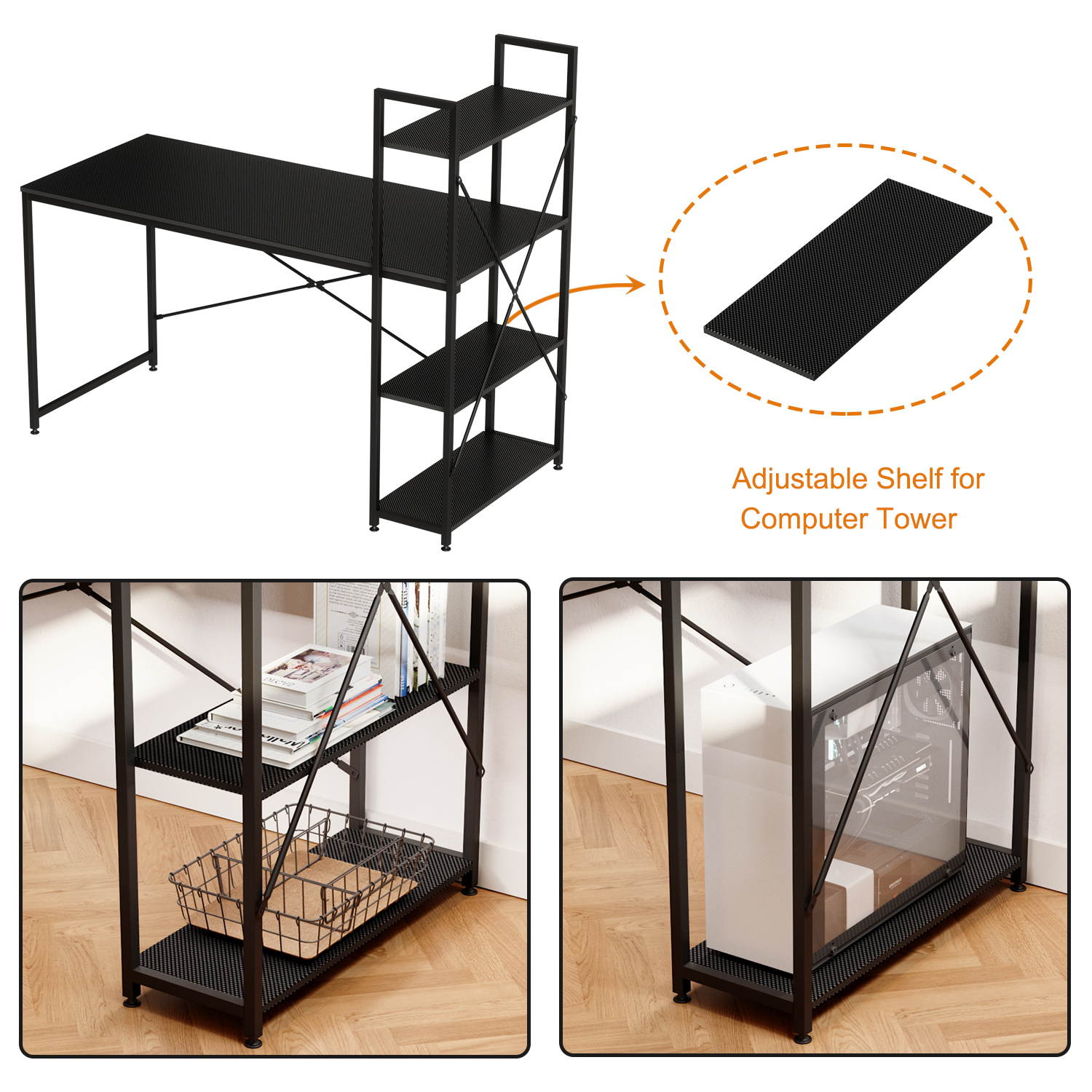 Bestier 63 Inch Computer Desk with Storage Shelves, Modern Bookshelf Desk with Headphone Hook Large Workstation Writing Desk with Reversible Bookshelves Home Office Work Table Study Desk Grey