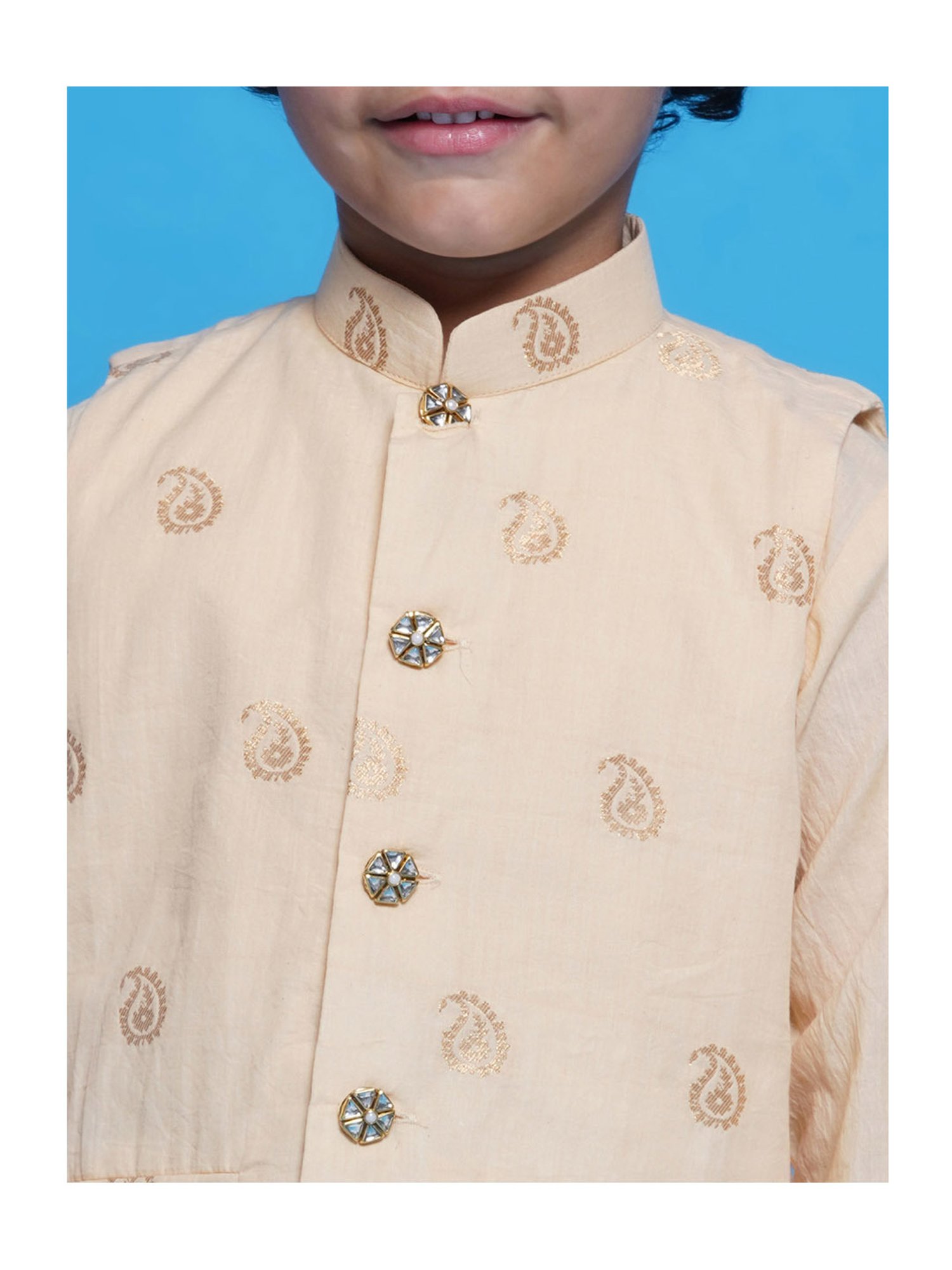 Little Bansi Boys Cream Self Design Full Sleeves Kurta, Dhoti with Jacket