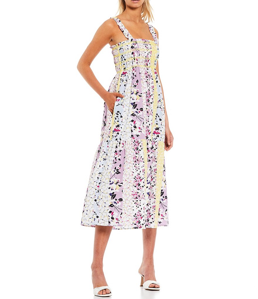 French Connection Ekeze River Rhodes Floral Stripe Print Square Neck Sleeveless Frilled Straps Midi Dress