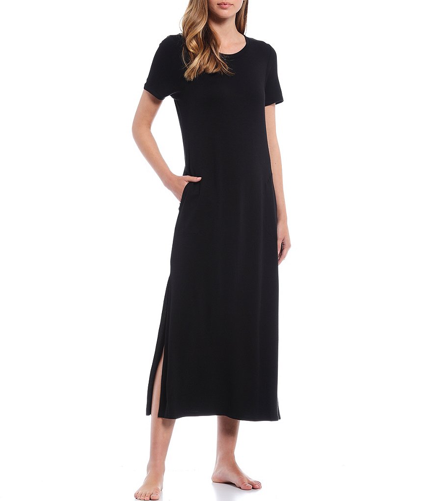 iRelax Solid French Terry Short Sleeve Round Neck Maxi Sleep Tee