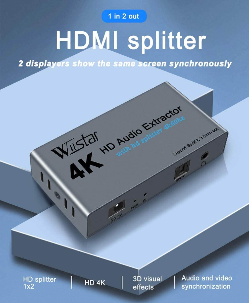 Wiistar 4K HDMI Audio Extractor with 4K60hz HDMI Splitter 1 in 2 Out Spdif/Toslink/Optical 3.5mm Jack Audio Out Signal Distributor Converter for PS4 Xbox One DVD Blu-ray Player HD TV Projector