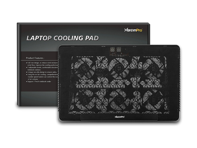XtremPro Portable Metal Mesh Laptop Cooler Cooling Pad, 6 Quiet Fans w/ Green LED Light, 5 Adjustable Heights, Up To 17" in Notebook, 2 USB Interface w/ Speed Control Switch, non-slip - Black (11147)