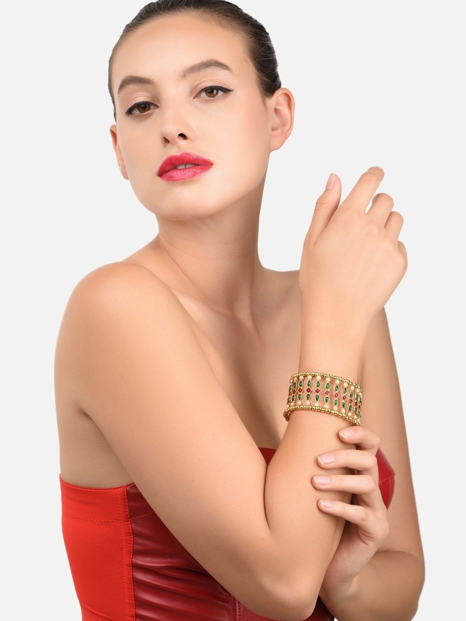 Zaveri Pearls Green & Pink Kundan Embellished Traditional Cuffs Bracelet - ZPFK11437