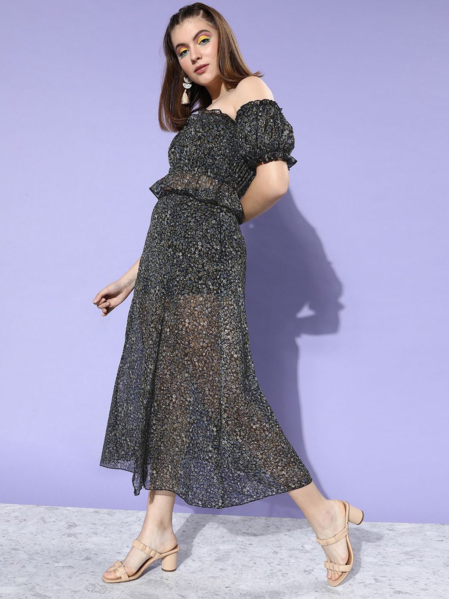 Anvi Be Yourself Black & Blue Floral Print A-Line Skirt