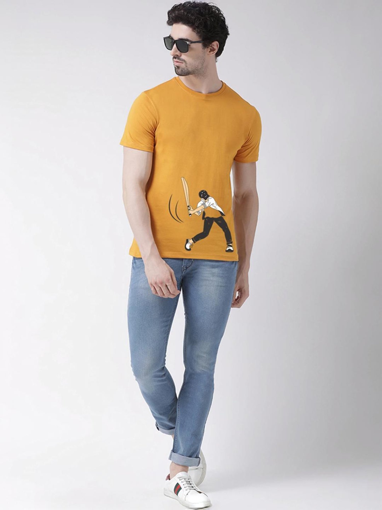 Friskers Mustard Cotton Slim Fit Printed T-Shirt