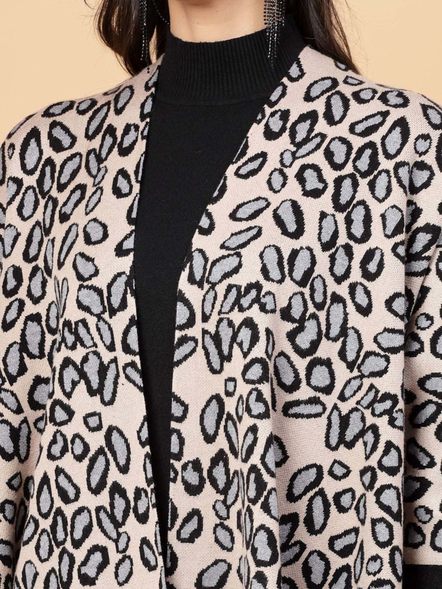 Mafadeny Beige & Black Printed Top Pants Set With Shrug