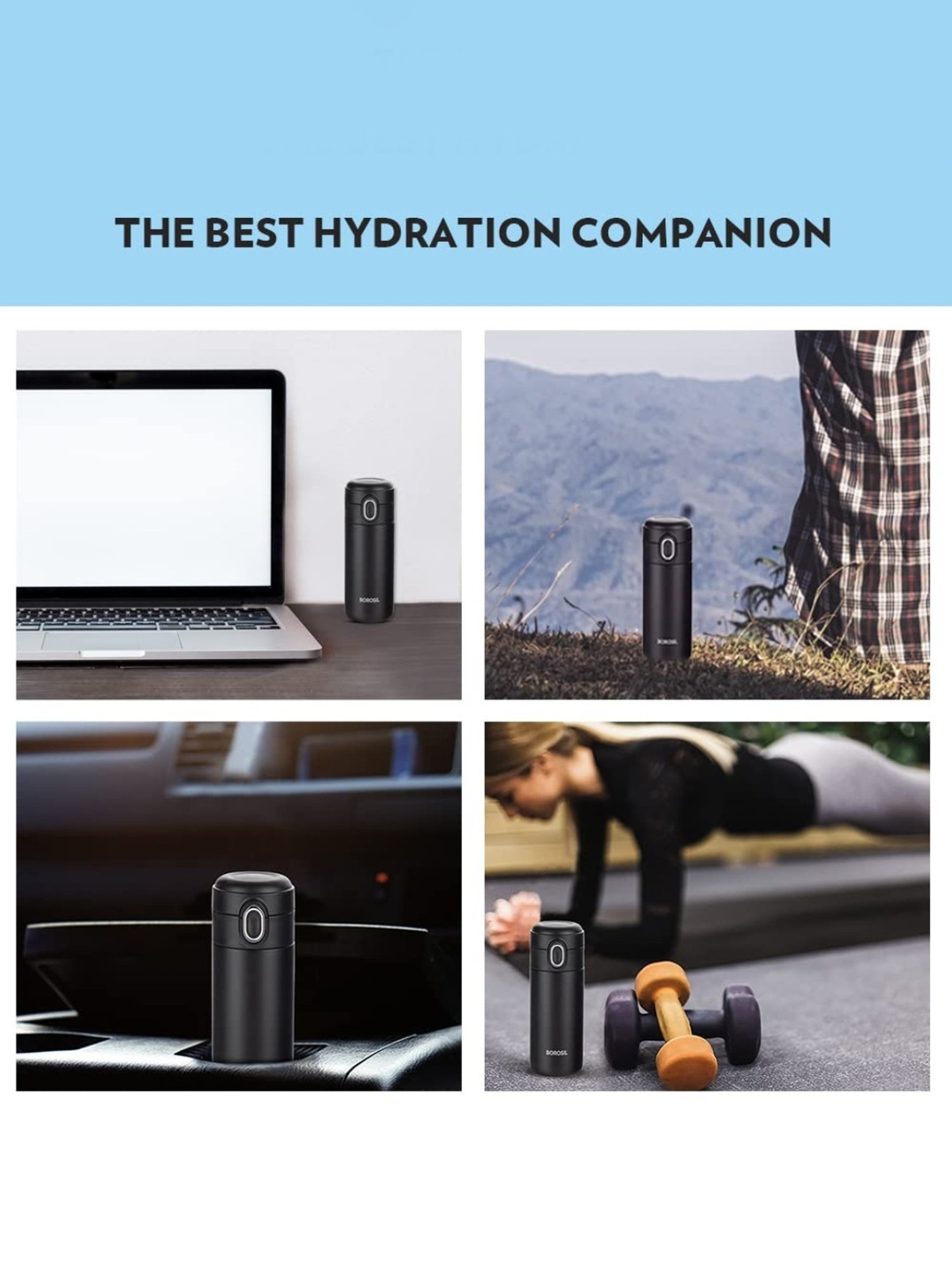 Borosil Black Stainless Steel Double Wall Vaccum Insulated Water Bottles (300ml)