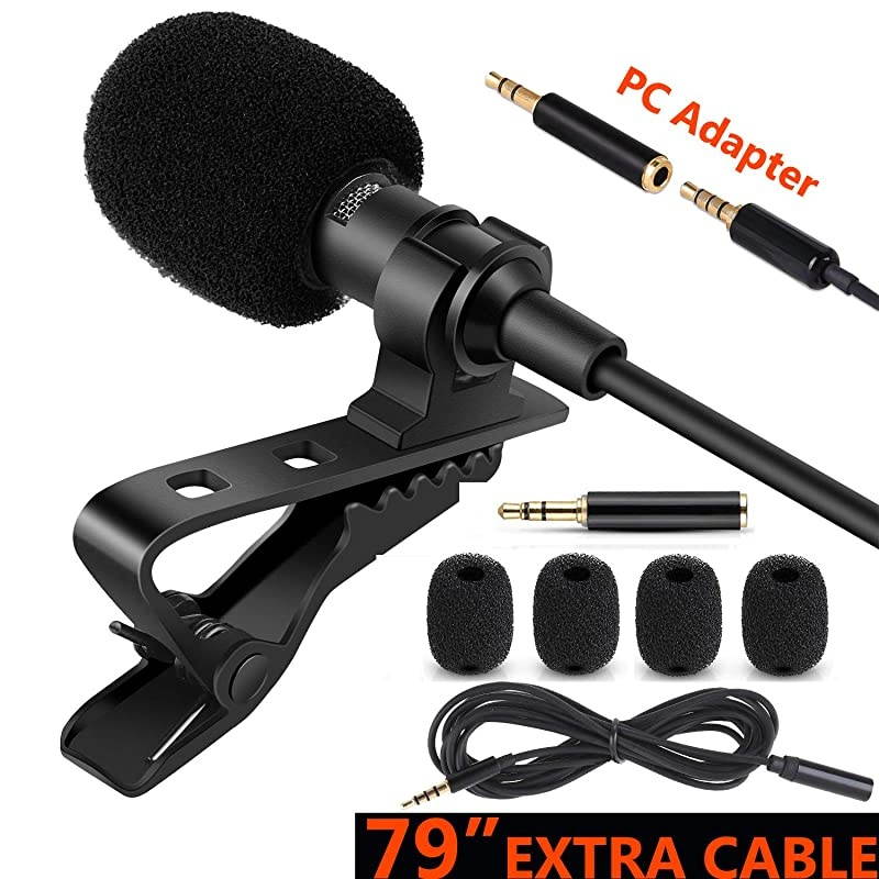 Lavalier Lapel Microphone 35 MM Shirt Mic Compatible iPhone iPad Mac Android Smartphones and Computer Clip on Microphone for YouTube Interview Studio Video Recording