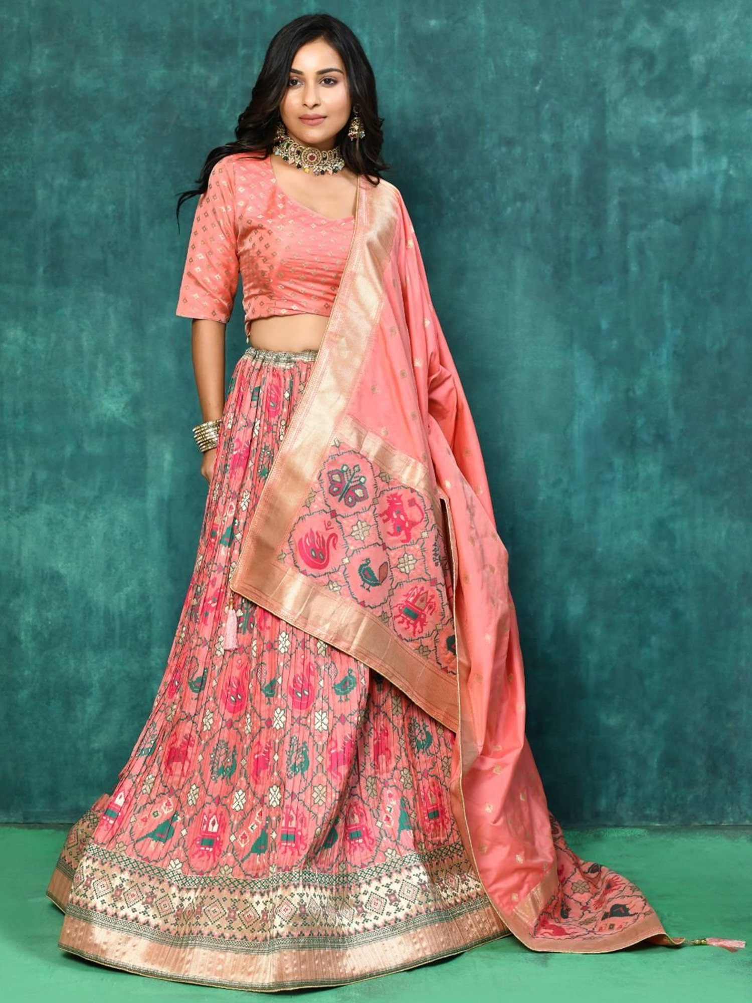 Elora Pink Woven Pattern Semi Stitched Lehenga Choli Set With Dupatta