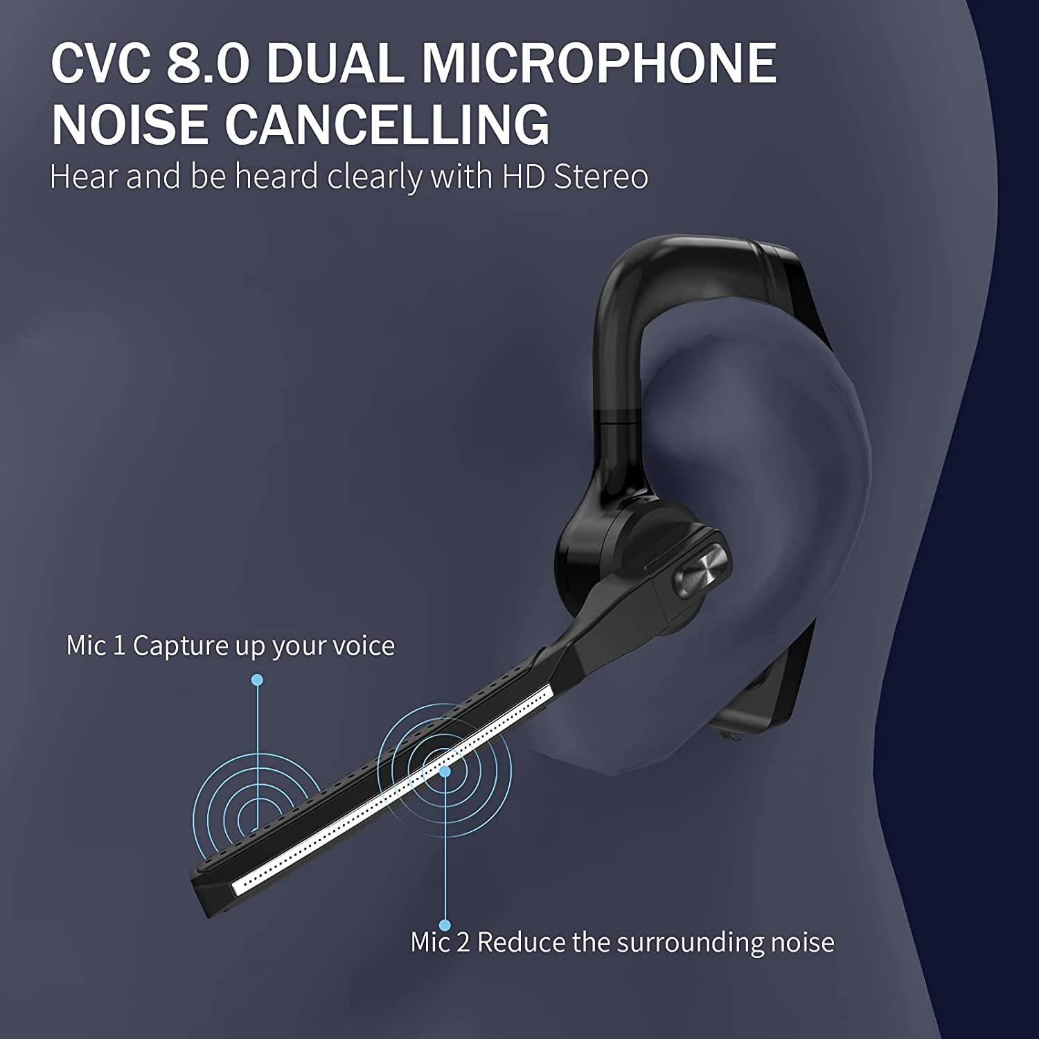 Bluetooth Headset, Jelly Comb Noise Canceling Wireless Earpiece with CVC8.0 Dual Mic, Hands-Free Earphone for Driving/Business/Office, Compatible iPhone Android Cell Phones Laptop