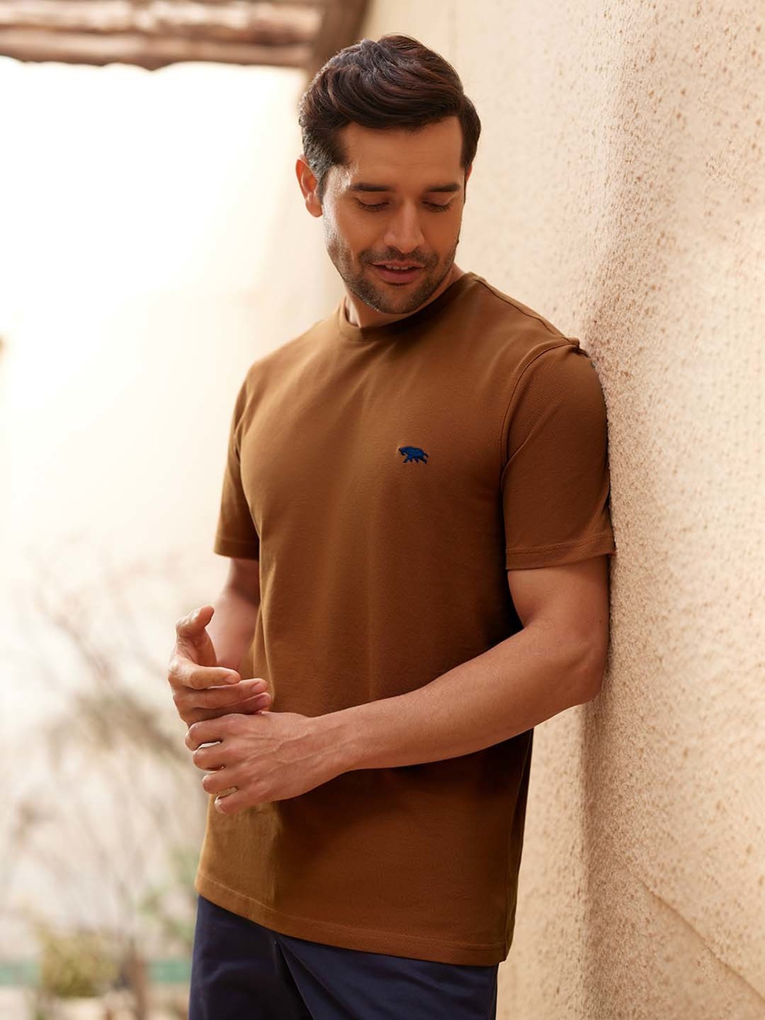 ANDAMEN Brown Regular Fit Crew T-Shirt