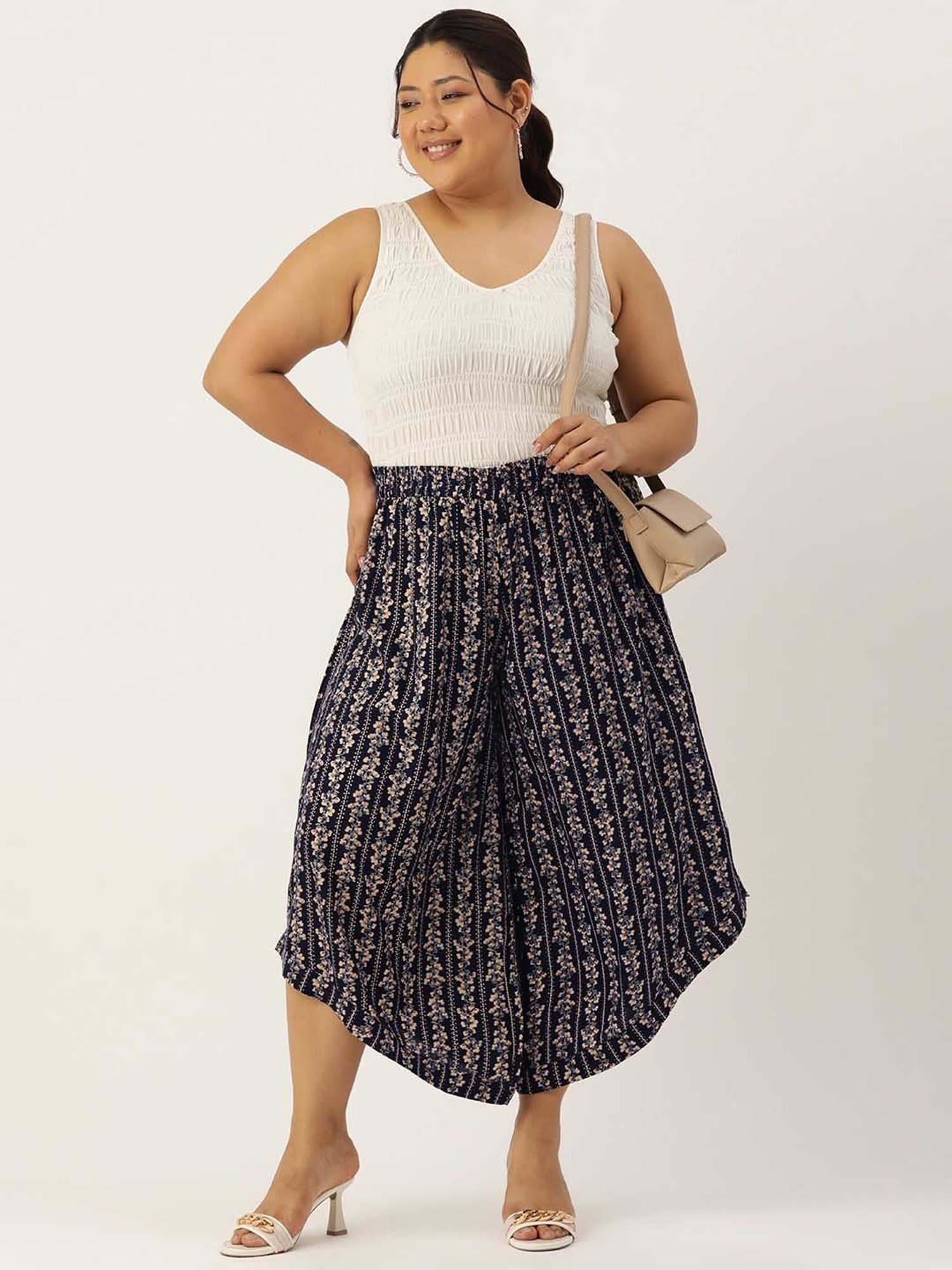theRebelinme Navy Floral Print Relaxed Fit High Rise Plus Size Culottes