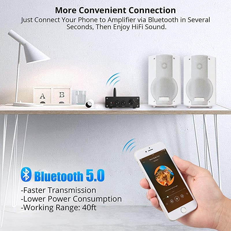 Bluetooth 50 Stereo Audio 2 Channel Amplifier Receiver Mini HiFi Class D Integrated Amp 20CH for Home Speakers 100W x 2 with Bass and Treble Control