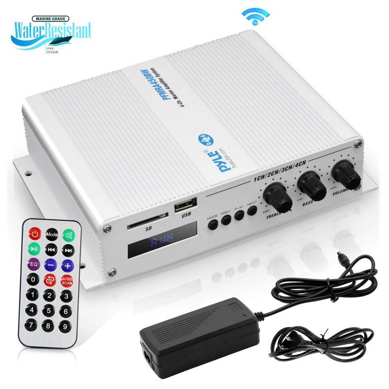 Pyle PFMRA450BW 4 Channel 400 Watt Marine Weather Resistant Amplifier Audio Receiver Sound System with Bluetooth Wireless Streaming and MP3/USB/SD