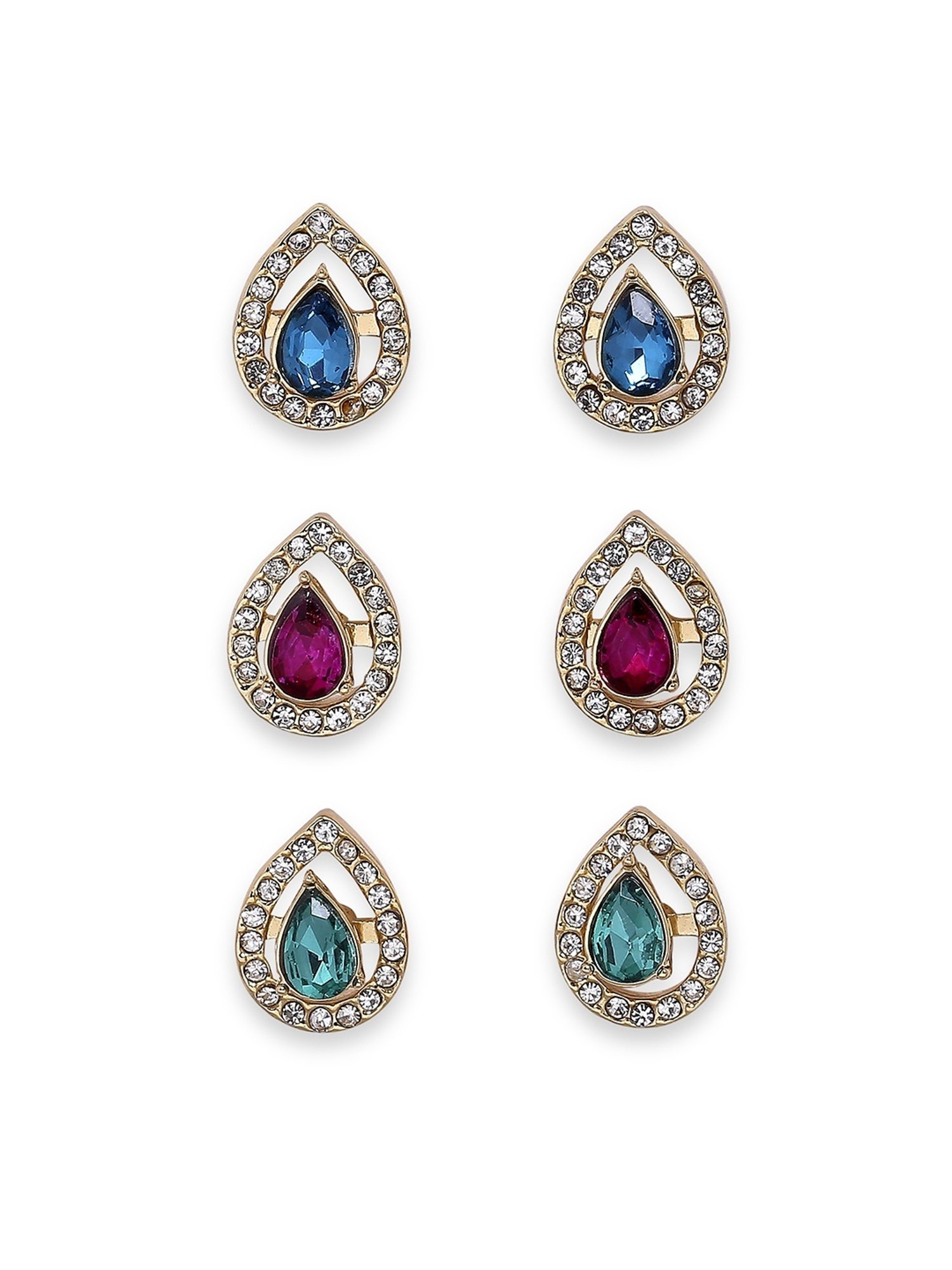 Lilly & Sparkle Gold-Toned Set of 3 Multi-Colored Stone Studded Drop Stud Earrings