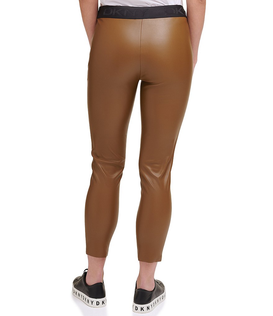 DKNY Faux Leather Contrast Logo Waist Pull-On Leggings