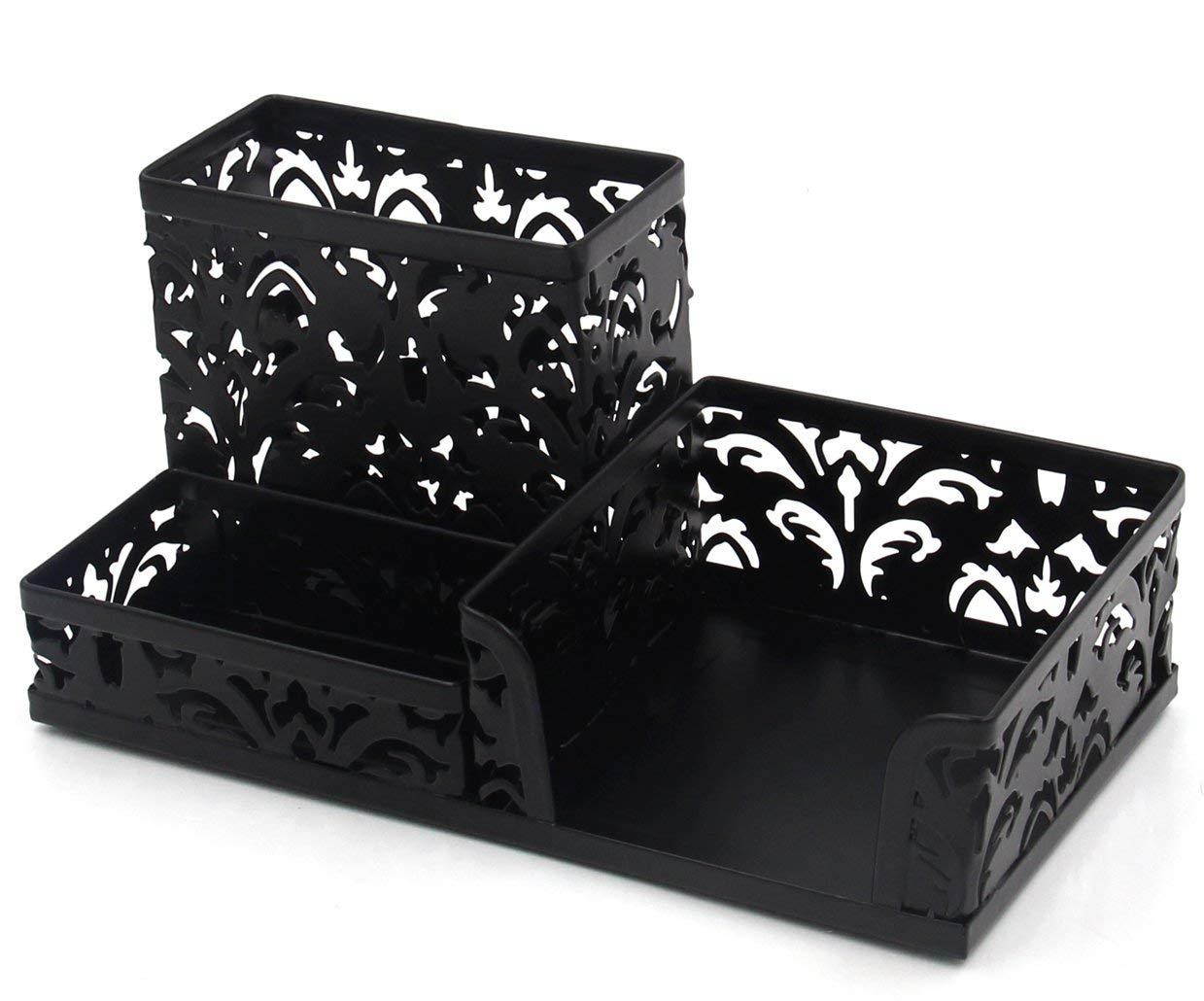 EasyPAGMetal 3 Compartment Desk Organizer with Hollow Flower Pattern Design,Black
