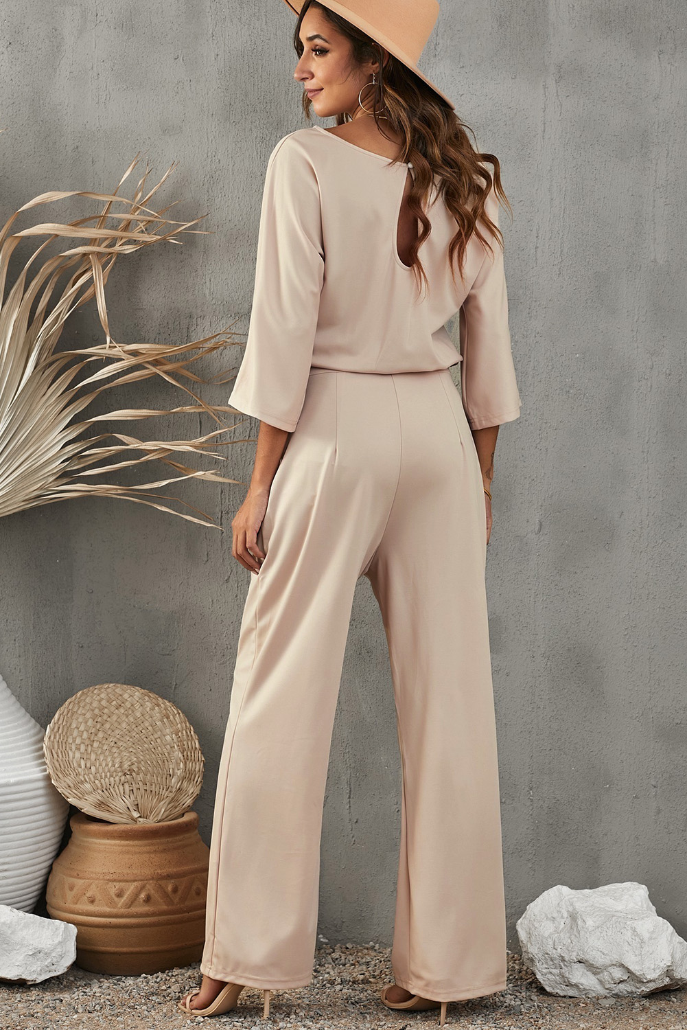 Rose Tan Solid Self Tied Straps Pleated Wide Leg Jumpsuit