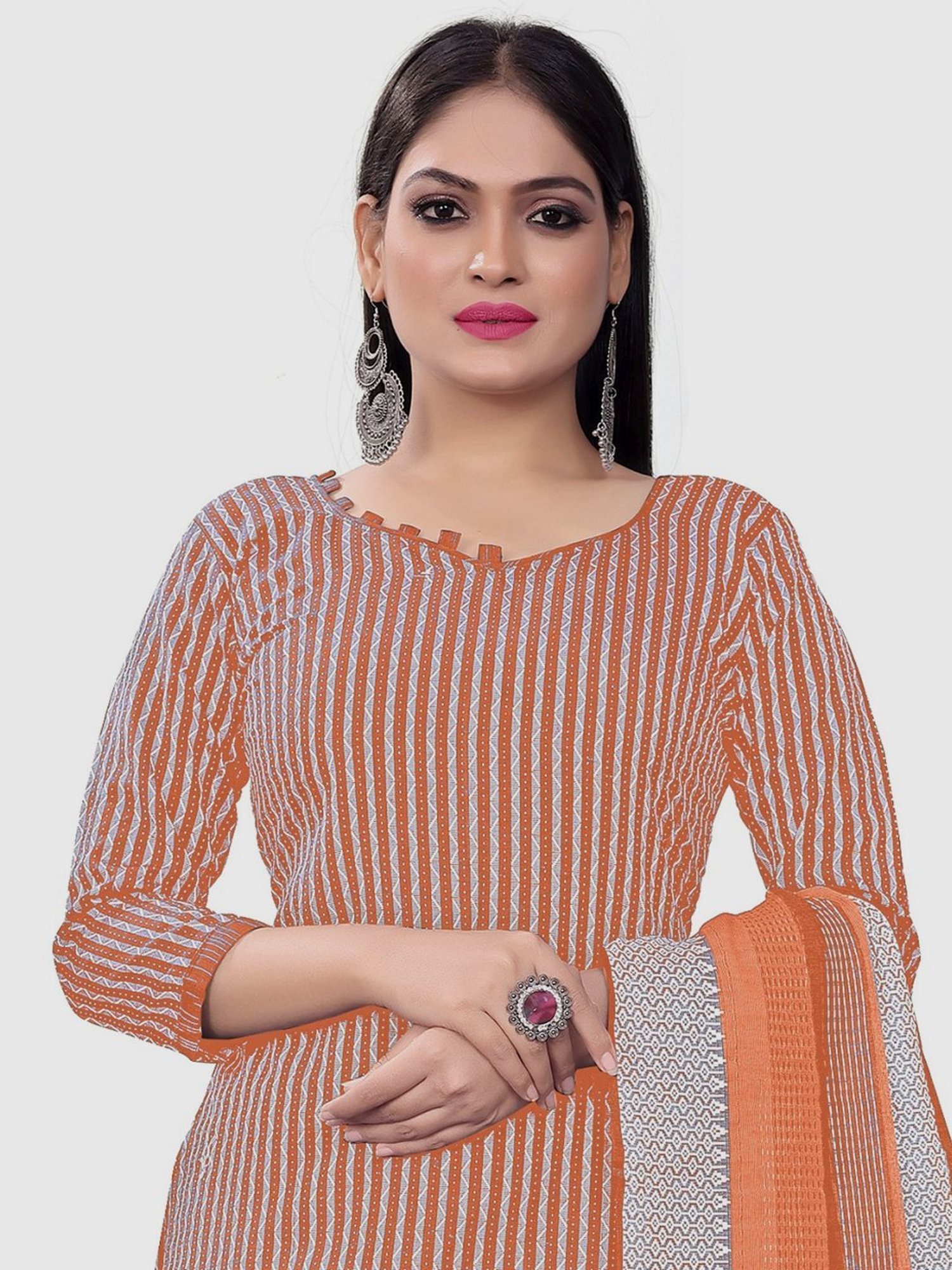 APNISHA Orange Cotton Striped Unstitched Dress Material