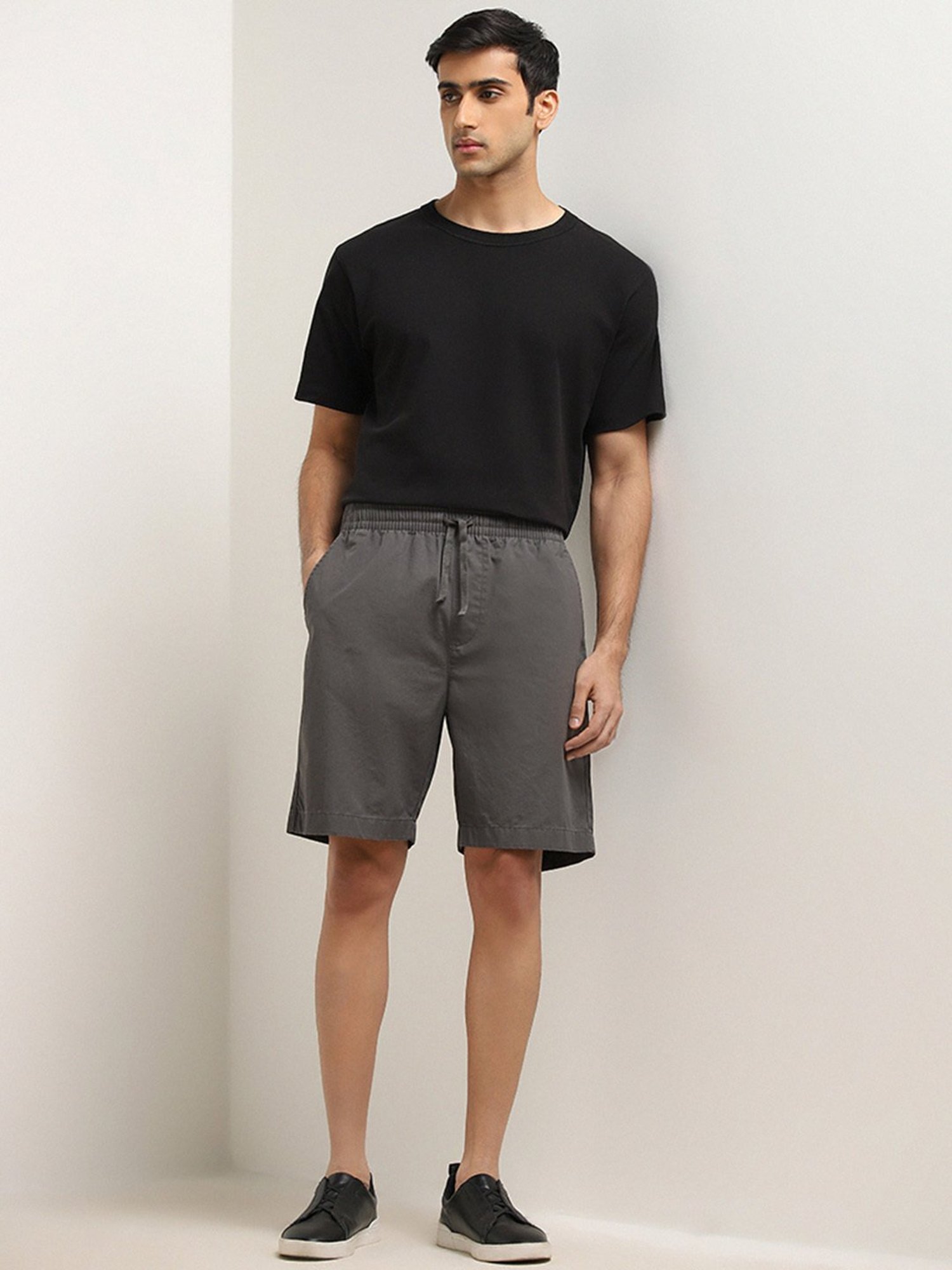 WES Lounge by Westside Dark Grey Mid-Rise Relaxed-Fit Cotton Shorts