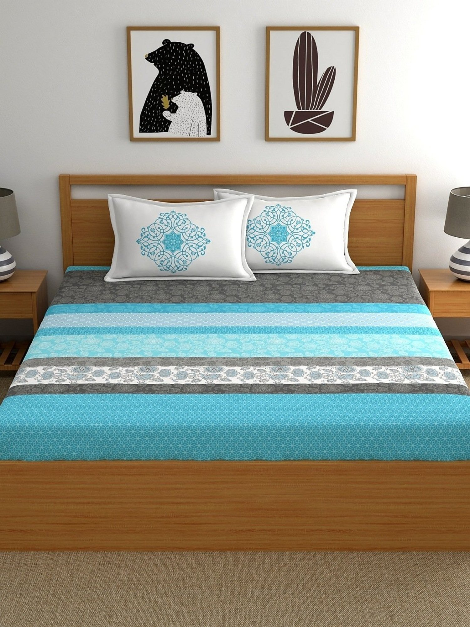 My Room Floral Light Blue 140 TC Cotton Fitted King Bed Sheet with 2 Pillow Covers