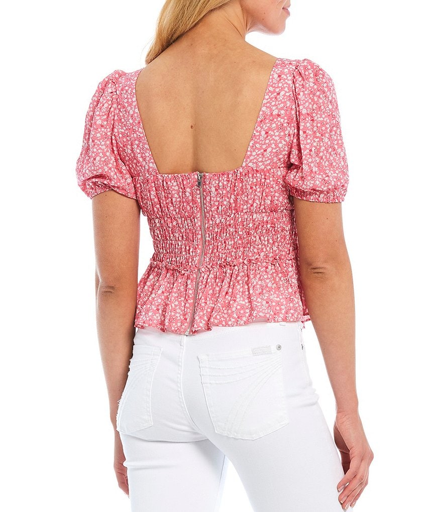 WAYF Cherise Ditsy Floral Print Square Neck Puff Sleeve Smocked Waist Top