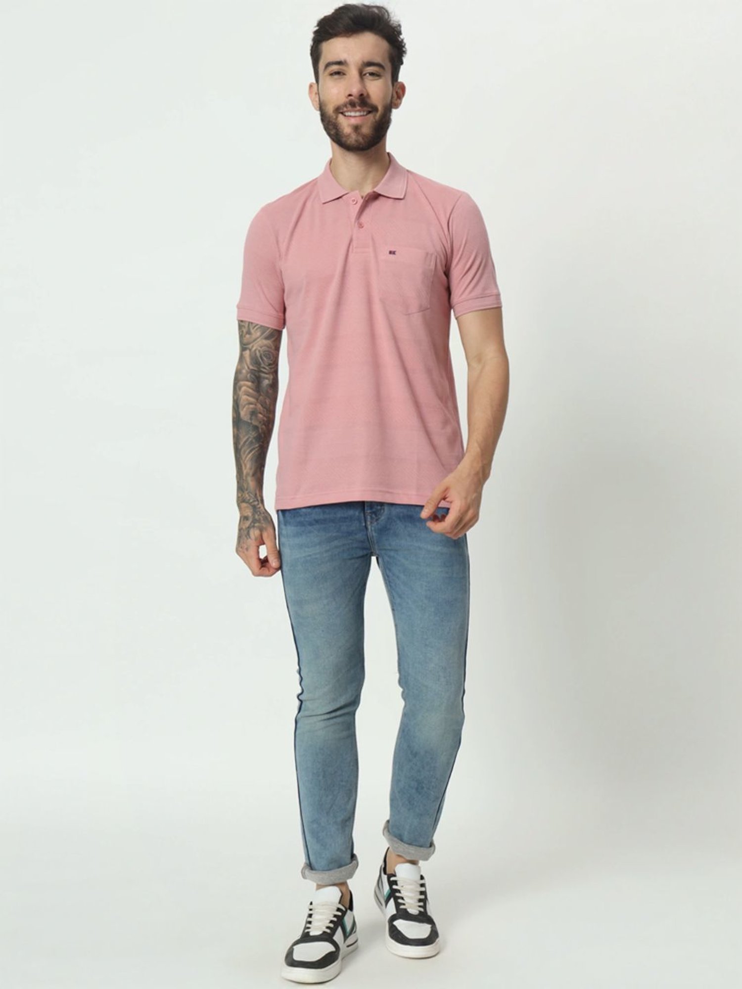Tab91 Pink Regular Fit Self Pattern Polo T-Shirts