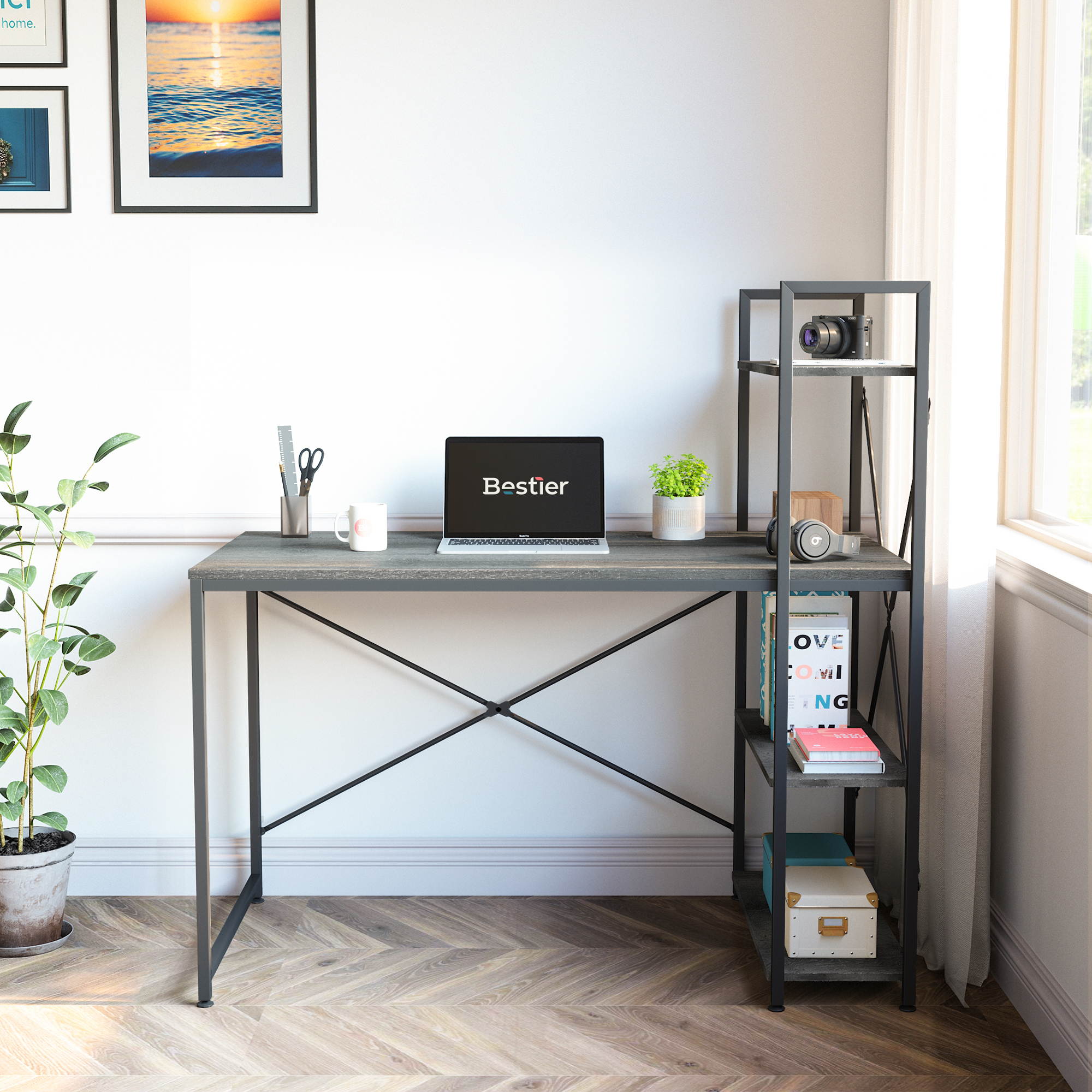 Bestier 63 Inch Computer Desk with Storage Shelves, Modern Bookshelf Desk with Headphone Hook Large Workstation Writing Desk with Reversible Bookshelves Home Office Work Table Study Desk Grey