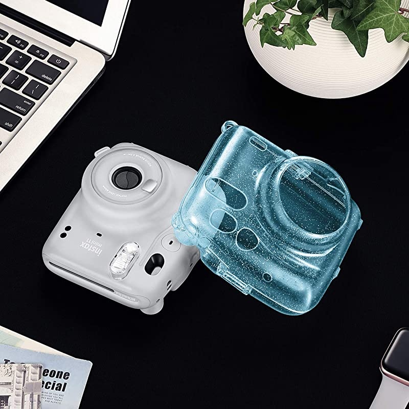 Protective Clear Case for Fujifilm Instax Mini 11 Instant Film Camera Crystal Hard PVC Cover with Removable Rainbow Shoulder Strap Glittering Blue