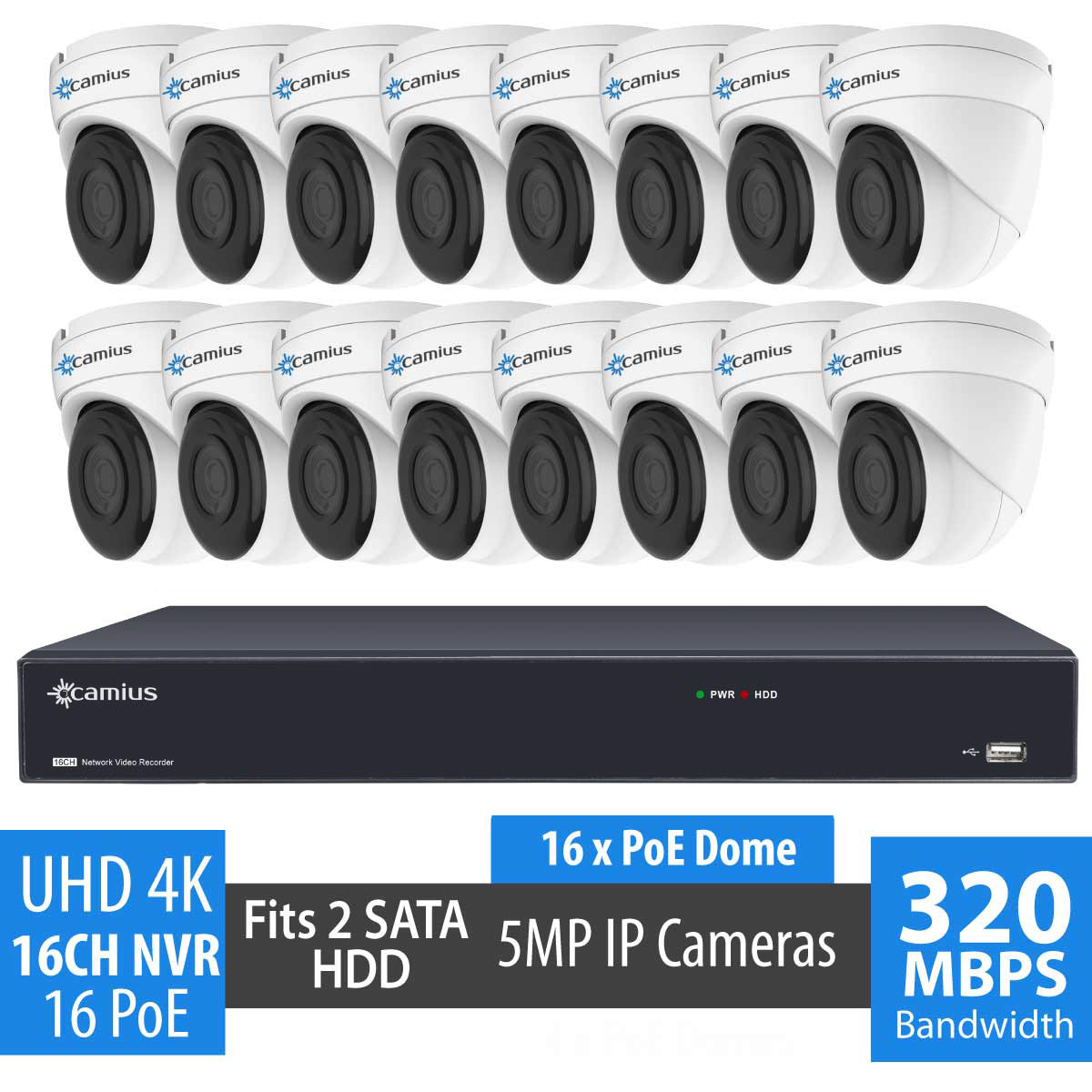 Camius 16 Channel NVR 16 5MP IP PoE Dome Security Camera System with Audi0, Night Vision, wide angle 2.8mm lens, Indoor Outdoor - 2SATA (sold without HDD) 16PP16I