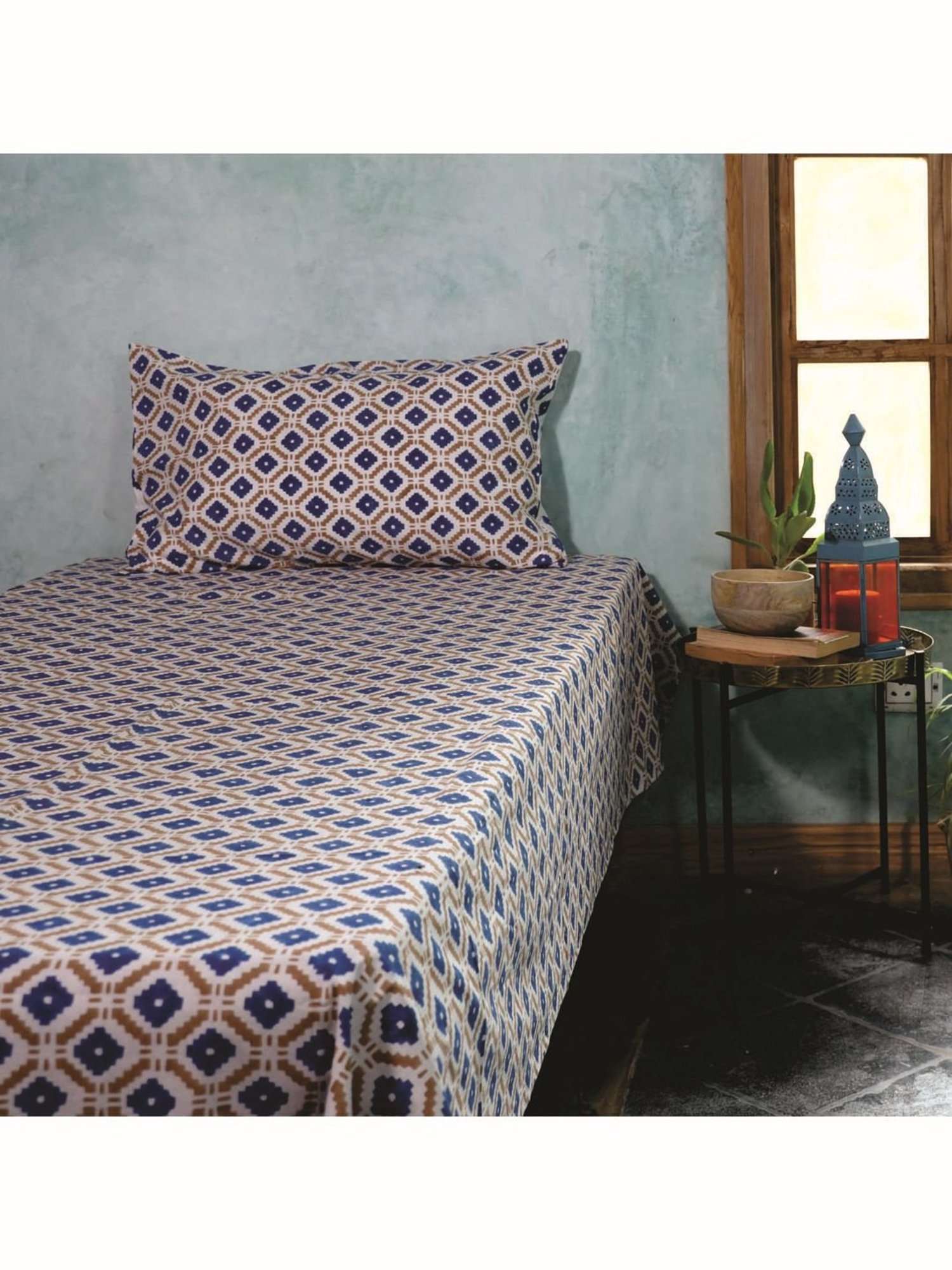 Fanusta Manzhar Blue & Brown 200 TC Hand Block Printed Bed Sheet Set