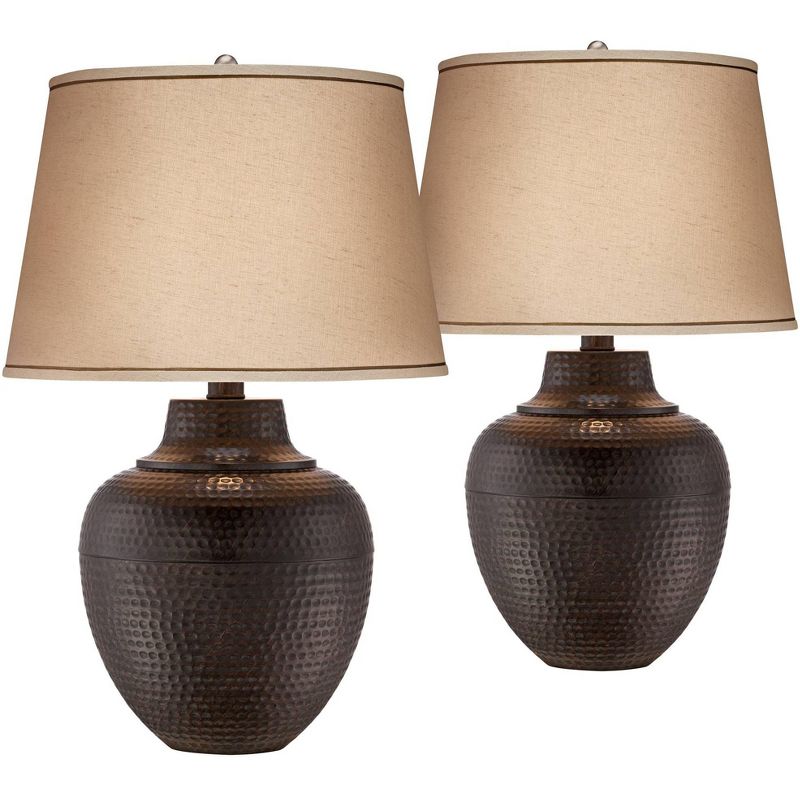 Barnes and Ivy Rustic Table Lamps Set of 2 Hammered Bronze Metal Pot Beige Linen Drum Shade for Living Room Family Bedroom Bedside