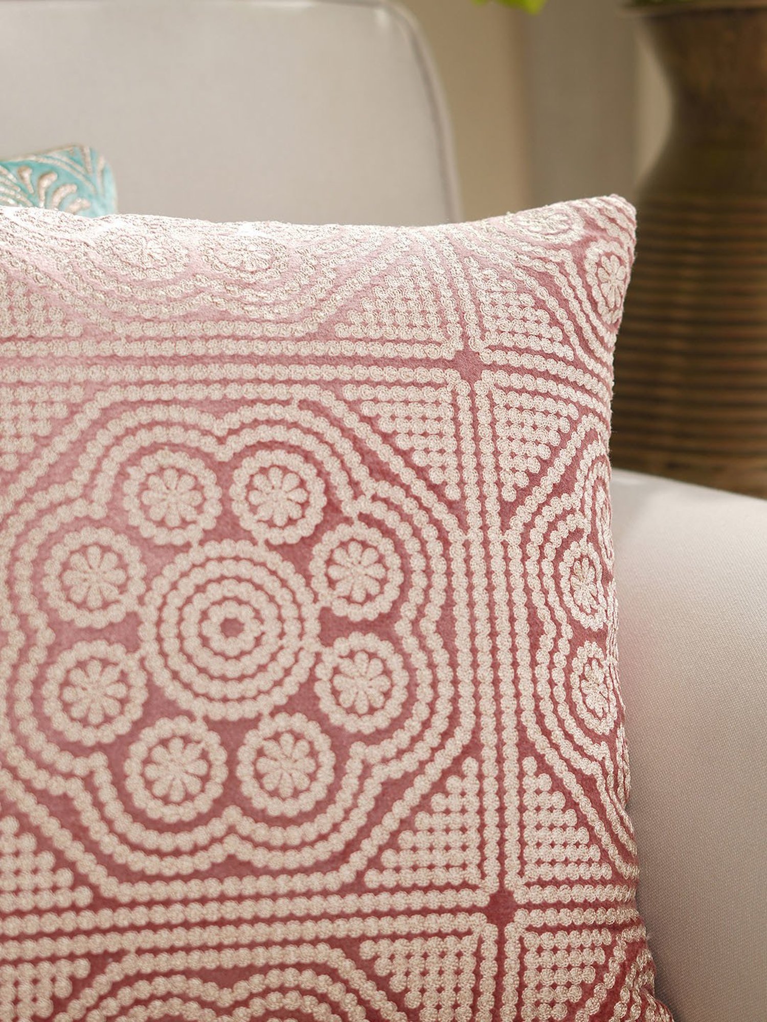 Pure Home and Living Pink Cotton Embroidery Cushion Cover