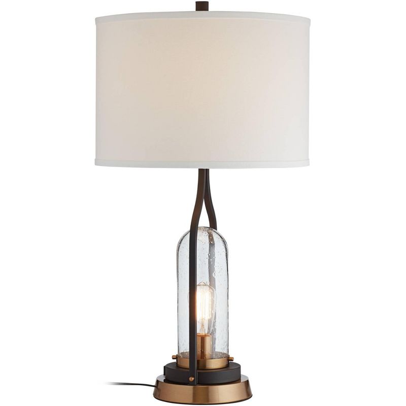 Franklin Iron Works Industrial Farmhouse Table Lamp with Nightlight LED Bronze Brass Seeded Clear Glass Drum Shade for Living Room