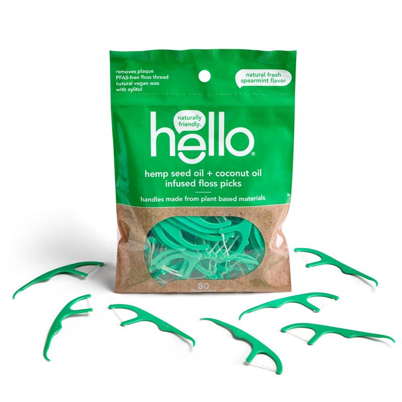 hello Hemp Seed Oil + Coconut Oil Infused Floss Picks with Plant-Based Handles Natural Fresh Spearmint - Trial Size - 80ct