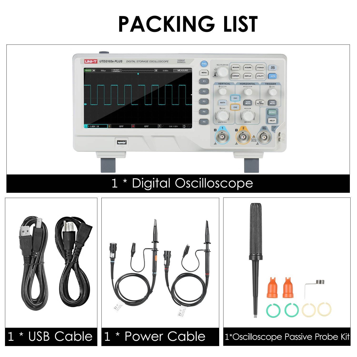 UNI-T 2-CH Digital Oscilloscope with 7-inch LCD Display Scopemeter with 100MHz Bandwidth 2 Channels 500MS/S Real Time Sample Rate 64kpts Depth Storage US Plug