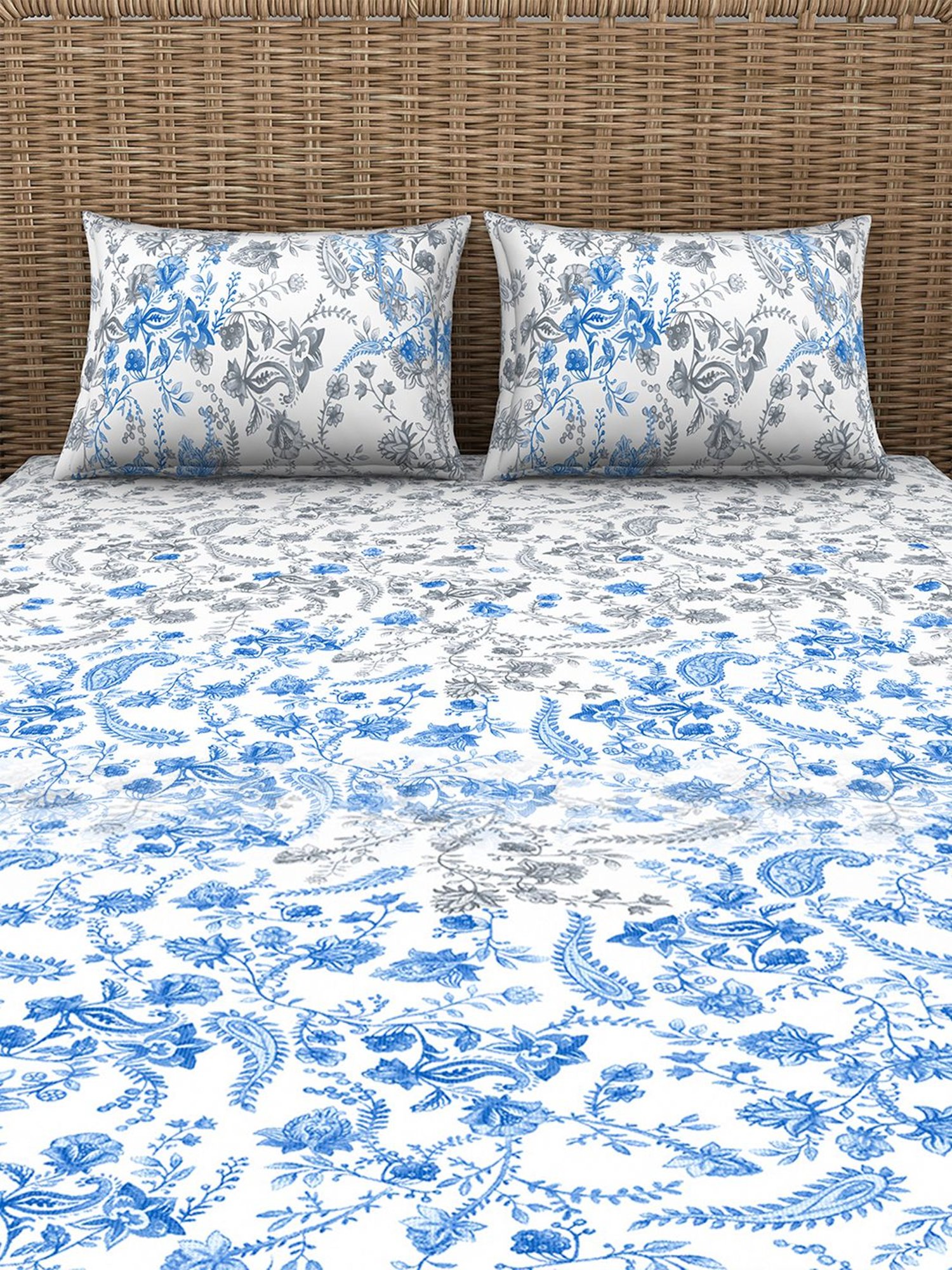 Spaces Printed Blue 144 TC Cotton Queen Fitted Sheet with 2 Pillow Covers
