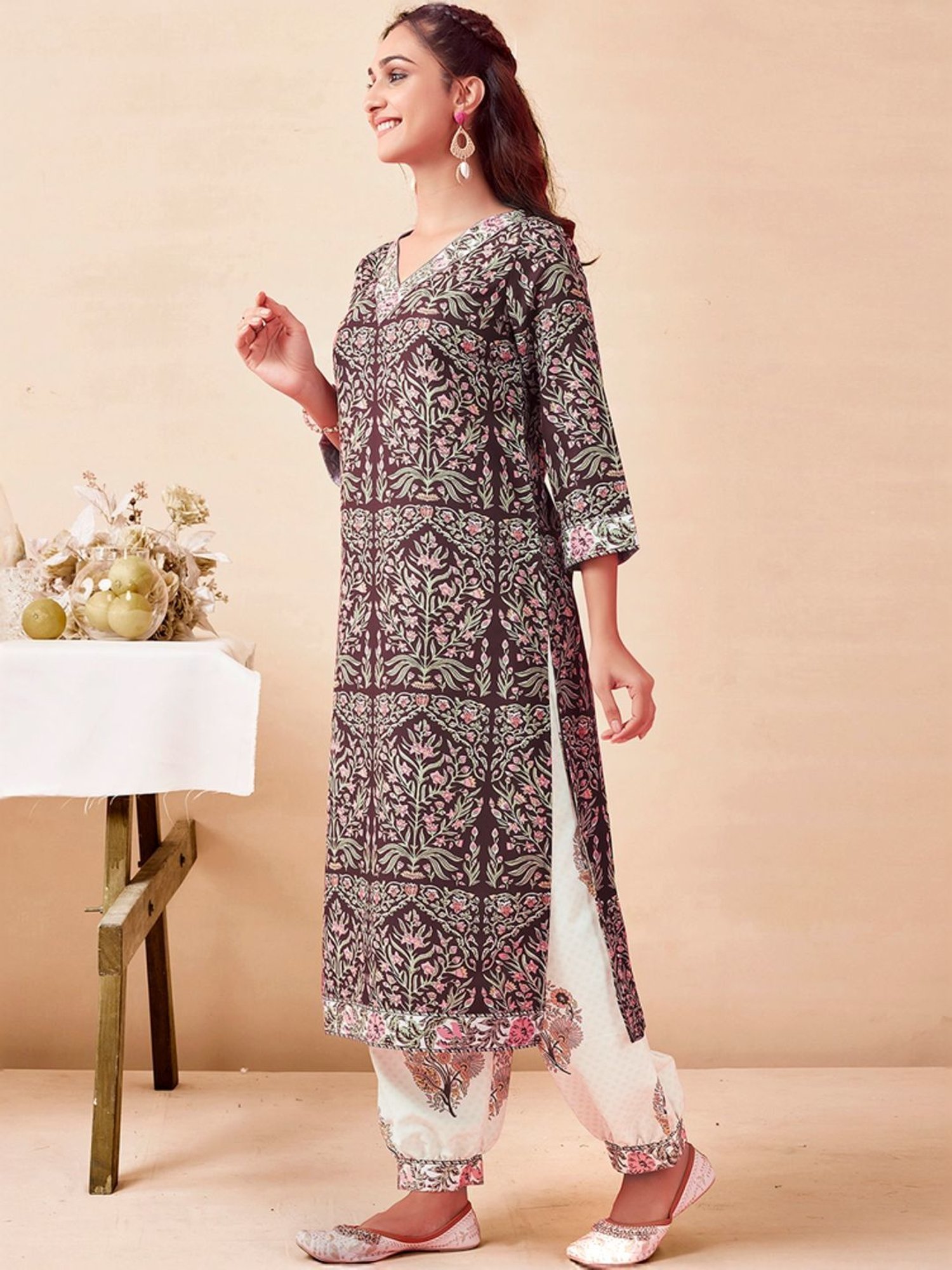 Skylee Brown & White Floral Print Kurta Salwar Set With Dupatta