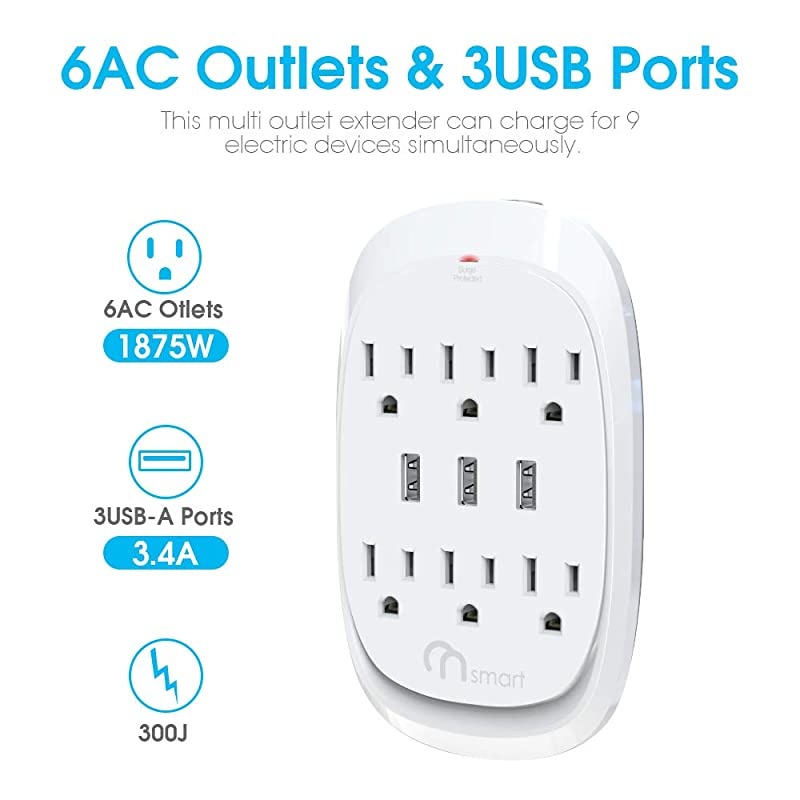 ON USB Wall Tap Surge Protector with 6 outlets 3 USB 34A Output Portable WallMount Socket 300J Surge Protection  Charging for Home Office Kitchen Travel White