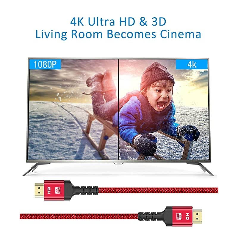 4K 60HZ Red 6.6ft HDMI Cable, 18Gbps High Speed HDMI 2.0 Braided Cord-Supports (4K 60Hz HDR,Video 4K 2160p 1080p 3D HDCP 2.2 ARC-Compatible with Ethernet Monitor HDTV