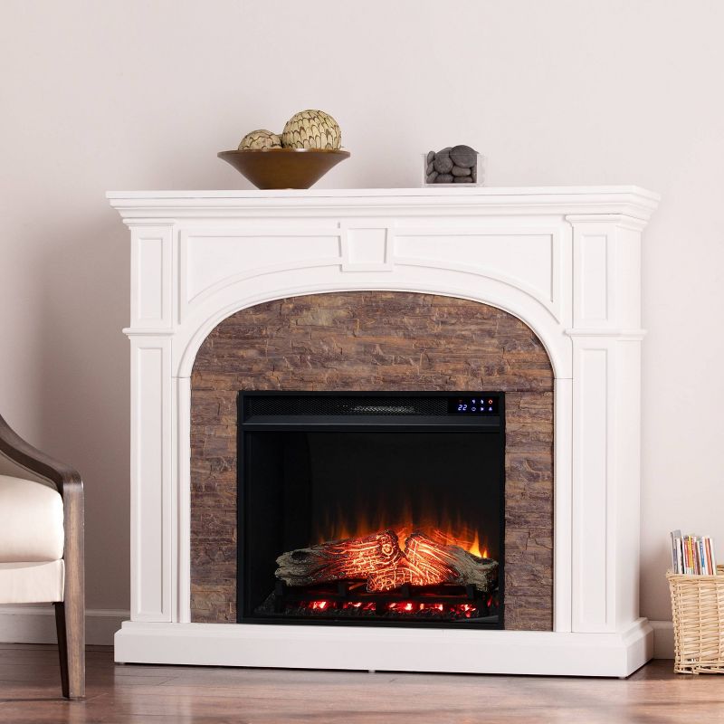 Southern Enterprises Tasha Touch Panel Electric Fireplace with Faux Stone White