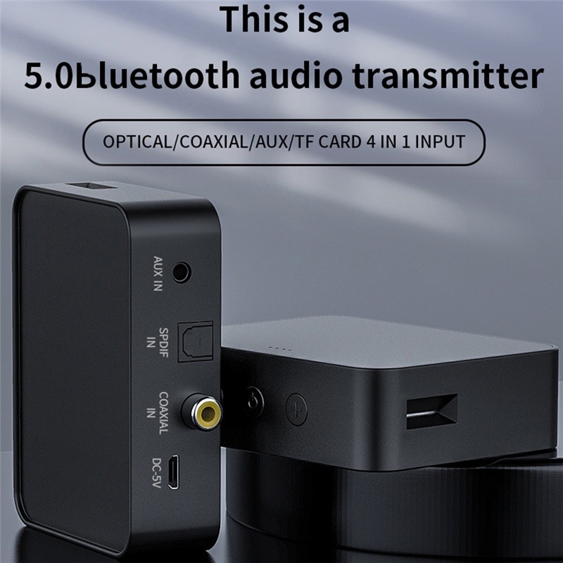 T6 Multi-Function bluetooth Transmitter Audio Adapter HIFI Noise Reduction BT5.0 AUX-In TF Card Coaxial Optical Fiber SPDIF  Audio Transmitter-Black