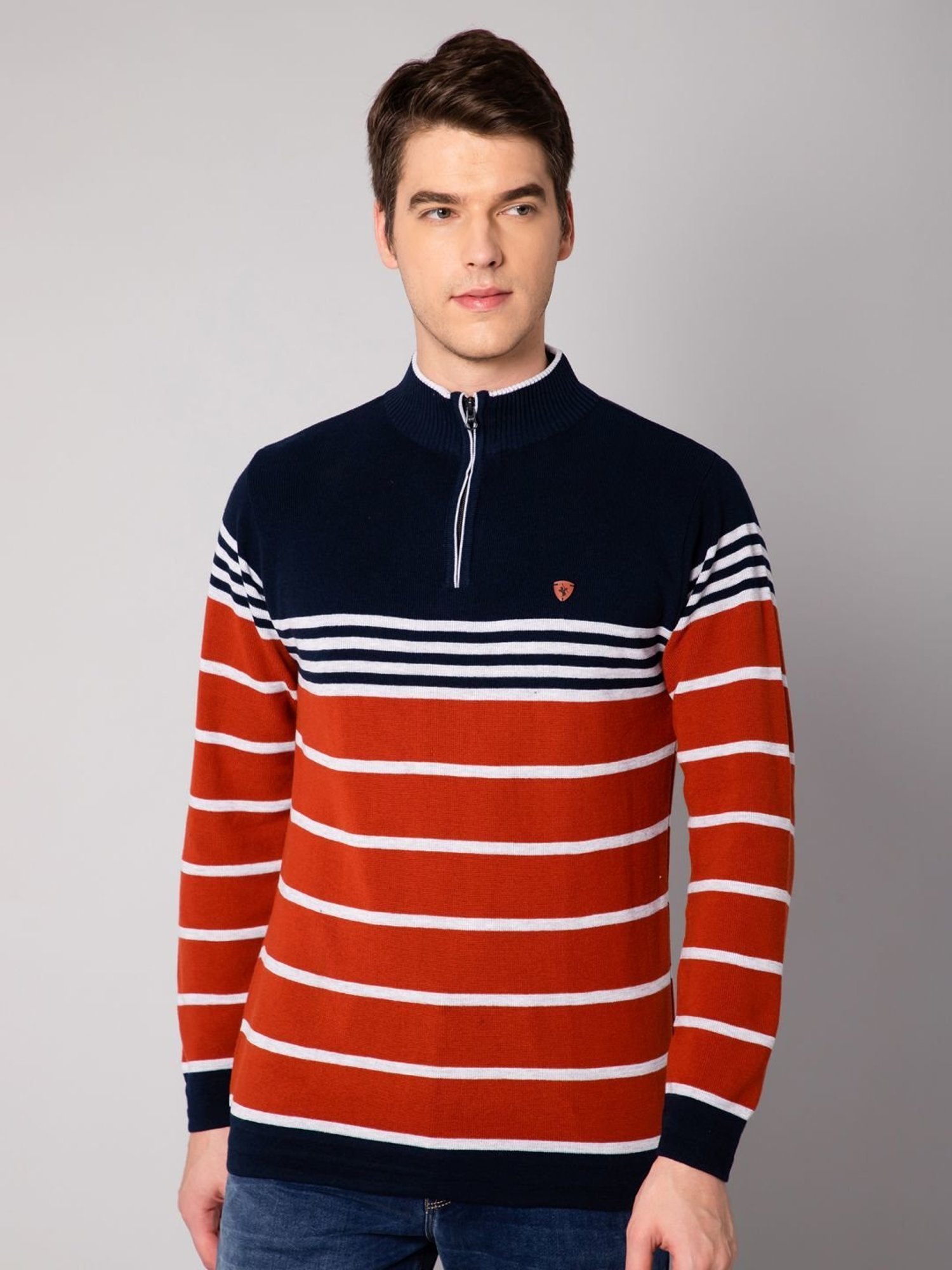 Cantabil Rust Regular Fit Striped Sweater